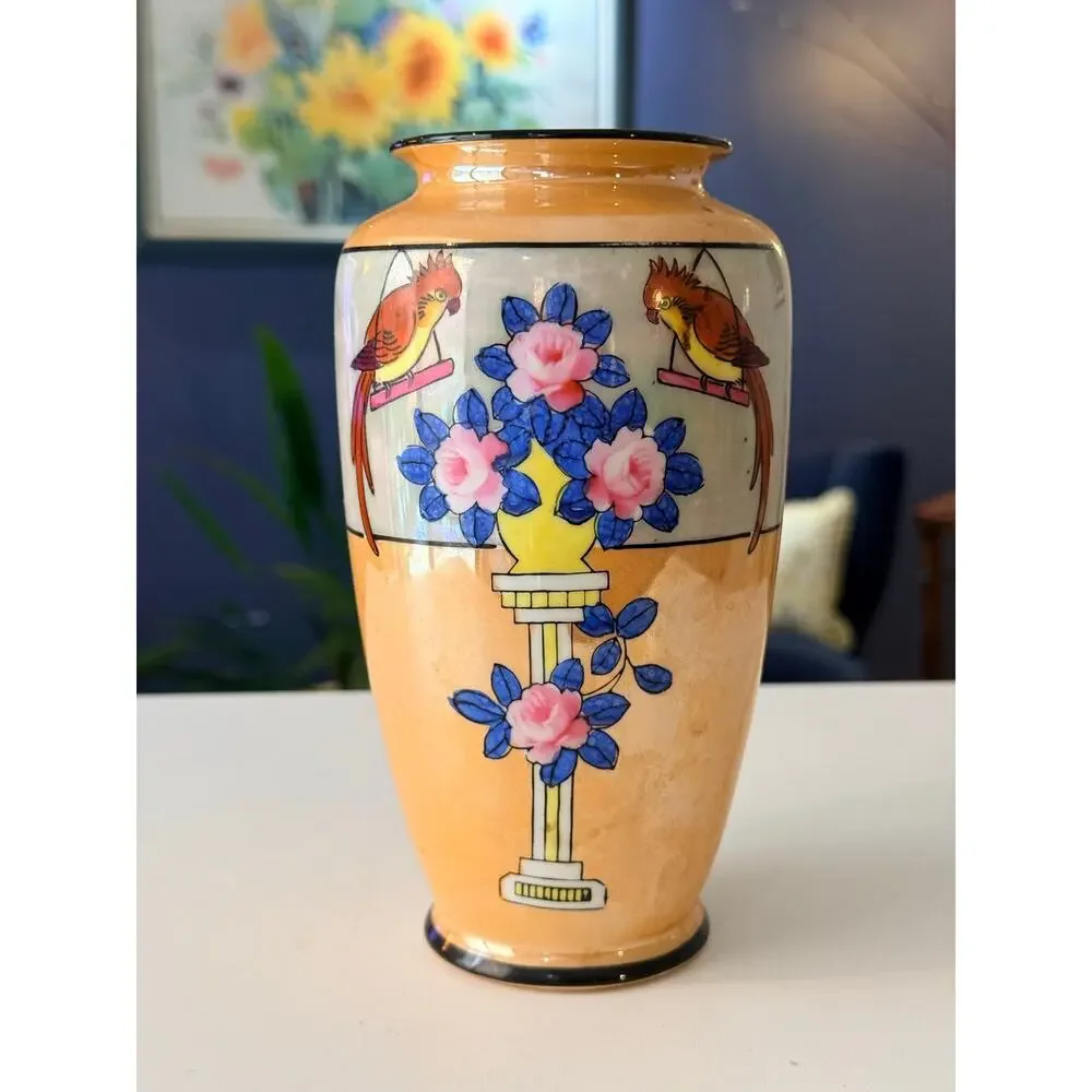Vintage Hand Painted Japanese Lusterware Vase Parrots & Pink Roses 7.5